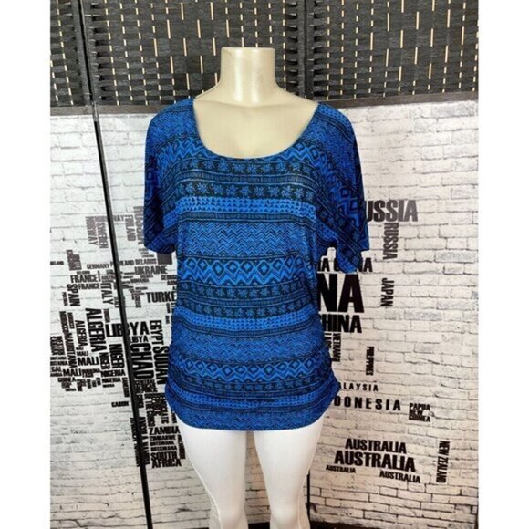 Agenda M Blue Mixed Print Scoop Neck Ruched Sides Short Dolman Sleeve Top - Picture 1 of 5